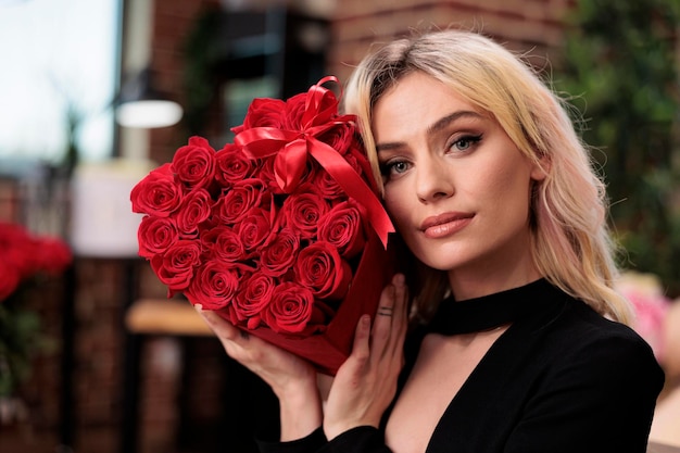 Beautiful woman holding roses portrait, valentines day gift. Attractive blonde girlfriend with flower bouquet in heart shaped box looking at camera, love holiday celebration event.