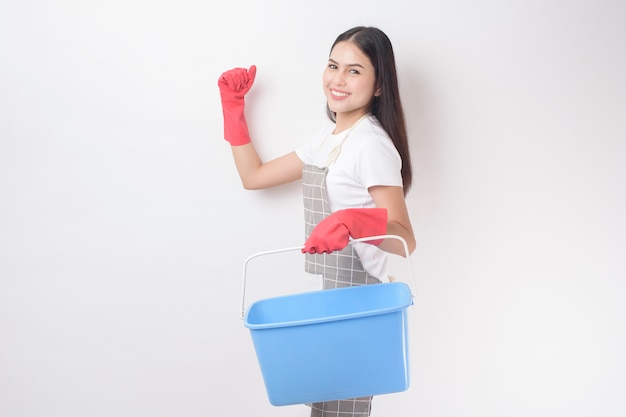 Beautiful woman housekeeper portrait on white background