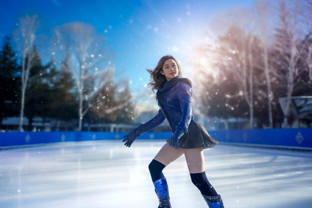 Красивая женщина катается на коньках на ледовой площадке зимой на закате солнца за пределами генеративного Ай