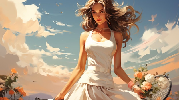 写真 野原に花を持つ白いドレスを着た美しい女性