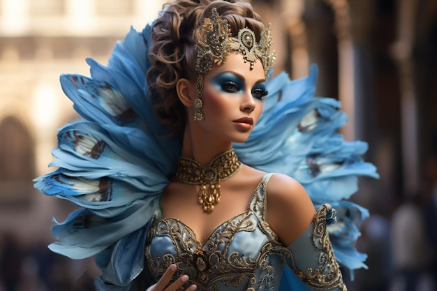 写真 ベニスのシックなカーニバルで派手なドレスと羽を着た美しい女性