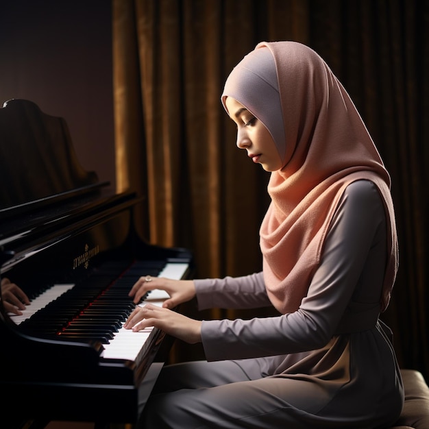 写真 ヒジャブを着た美しい女性が孤立した背景でピアノを弾いています
