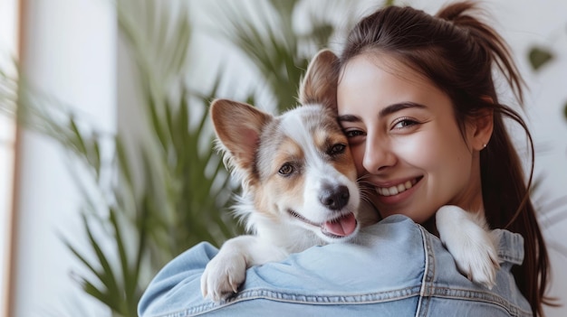 写真 ジーンズシャツを着た美しい女性が明るい部屋のインテリアに立っている間肩に中型の犬を抱き日常のやり取りで喜びを見つける感情的な女性キーパー