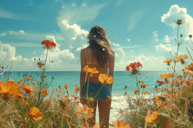 사진 긴 머리카락을 가진 휴가에 있는 아름다운 여성이 해변에 서 있습니다.