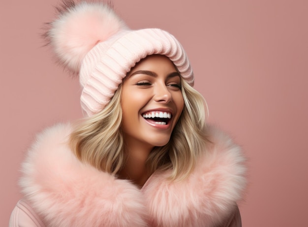 Фото Красивая женщина в зимнем пальто смеется