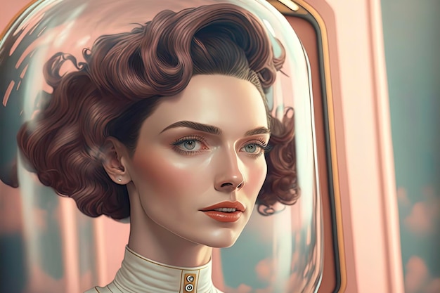 Beautiful woman intricate 40s hairstyle retrofuturistic space capsule in the far background AIGenerated