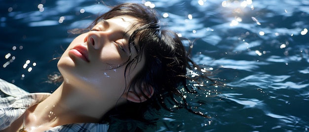 Прекрасная женщина находится в чистом голубом бассейне, она закрыла глаза и расслабилась.