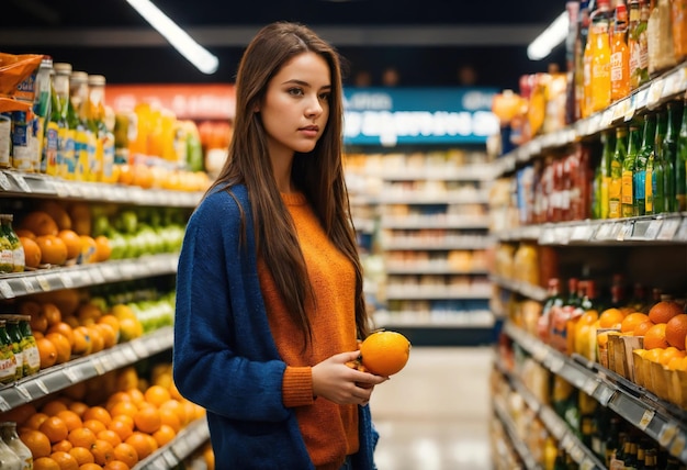 Красивая женщина смотрит на полки, чтобы купить что-то в супермаркете.