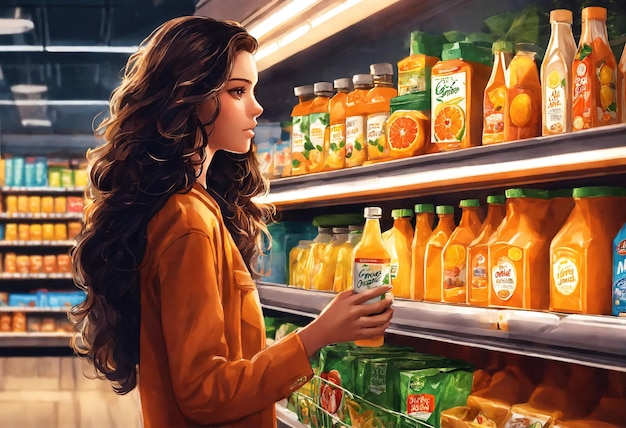 The beautiful woman is looking at the shelves to buy something from the supermarket ai generative