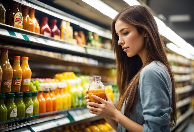 The beautiful woman is looking at the shelves to buy something from the supermarket ai generative