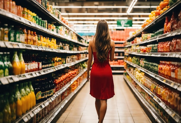 아름다운 여자는 슈퍼마켓에서 무언가를 사기 위해 선반을 바라보고 있습니다.