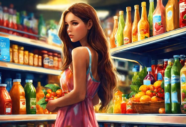 아름다운 여자는 슈퍼마켓에서 무언가를 사기 위해 선반을 바라보고 있습니다.