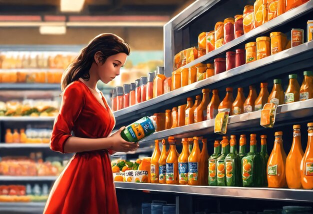 The beautiful woman is looking at the shelves to buy something from the supermarket ai generative