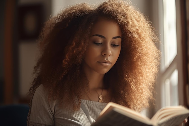 Beautiful woman is reading a book in cozy room