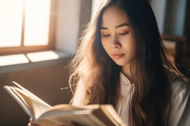 Beautiful woman is reading a book in cozy room