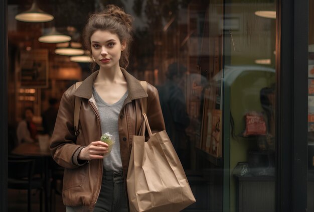 A Beautiful Woman is Standing with Her Paper Bag in Front