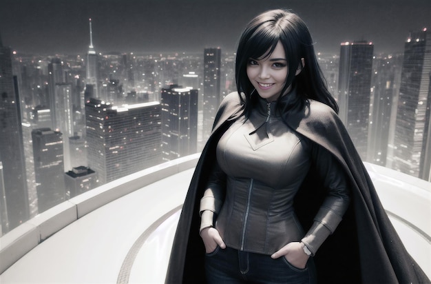 A beautiful woman is a superhero against the background of an evening city on a cloudy day Generative AI