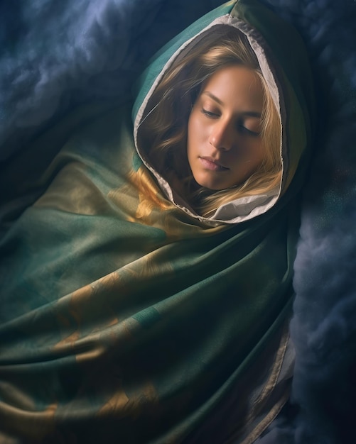 A beautiful woman is wrapped in a green blanket