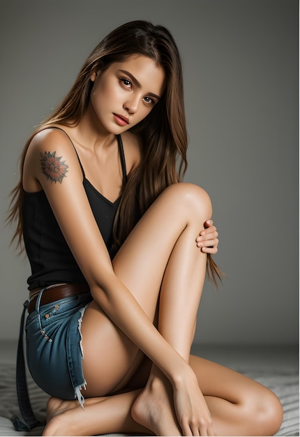 Beautiful woman in jeans clothes with a tattoo on the body ai generative