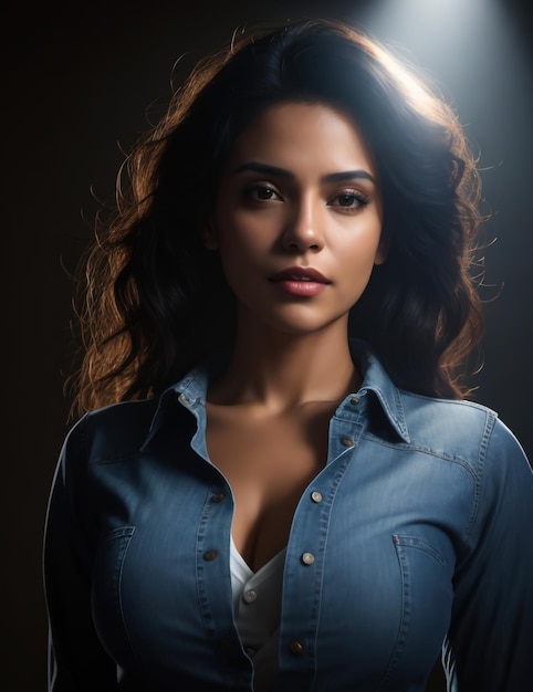 A beautiful woman in jeans and a shirt illuminated by a single spotlight