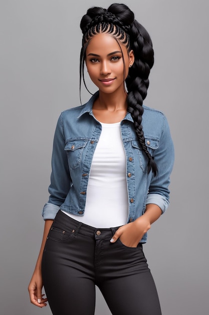 Beautiful woman in jeans Studio shot on a gray background Generative AI