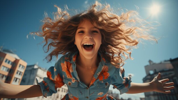 Beautiful woman jumping in the city street