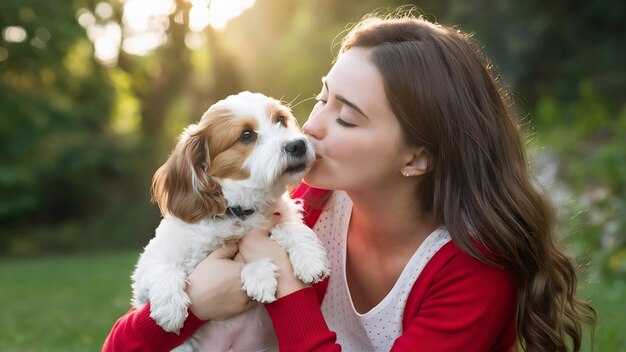 Beautiful woman kissing her adorable bonny dog