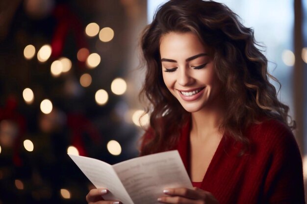 Beautiful woman laughing while reading a greeting card with light in background Copy spac