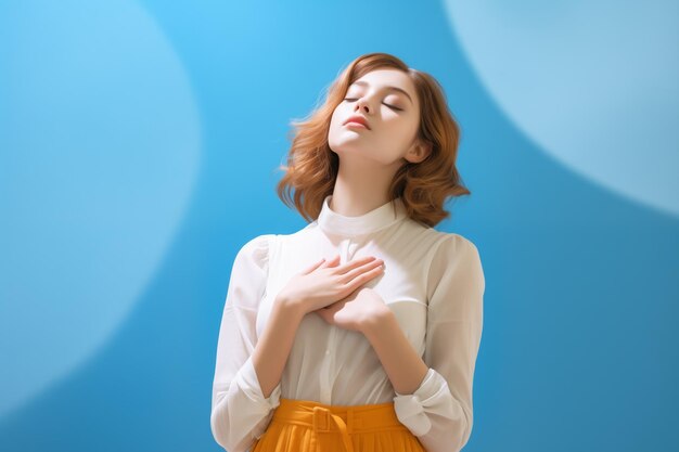 beautiful woman leaning her hands over chest on blue background