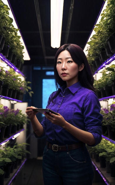 Beautiful woman at LED vertical farming plant generative AI