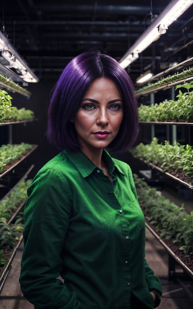 Beautiful woman at LED vertical farming plant generative AI