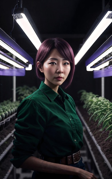 Beautiful woman at LED vertical farming plant generative AI