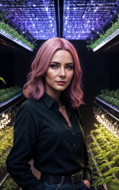 Beautiful woman at LED vertical farming plant generative AI