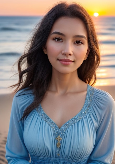 해가 지는 해변에서 밝은 파란색 드레스를 입은 아름다운 여성