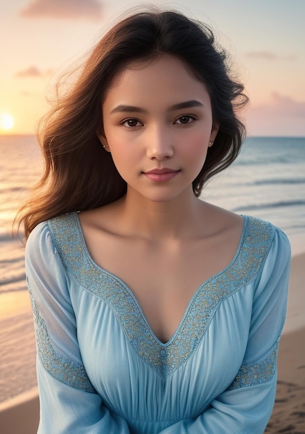 Beautiful woman in light blue dress on the beach with sunset Generative AI