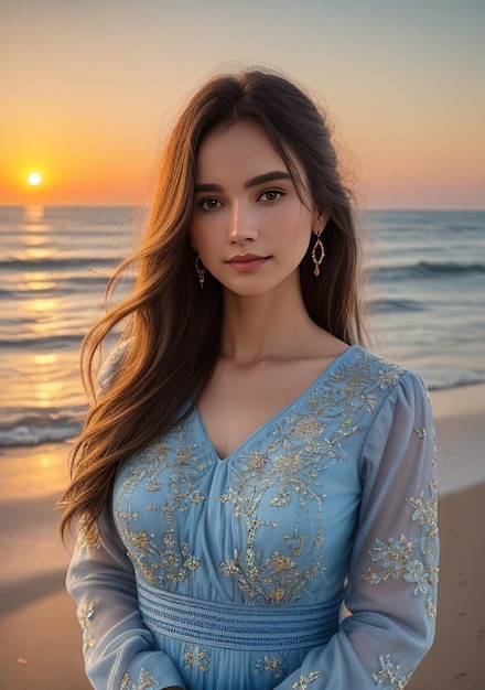 Beautiful woman in light blue dress on the beach with sunset Generative AI