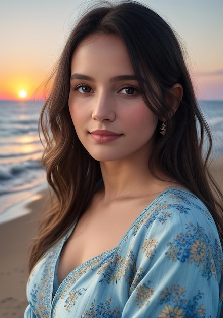 Beautiful woman in light blue dress on the beach with sunset in spring Generative AI