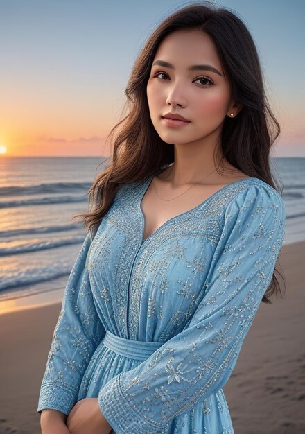 Beautiful woman in light blue dress on the beach with sunset in spring Generative AI