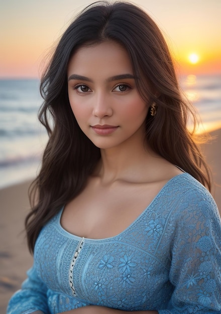 Beautiful woman in light blue dress on the beach with sunset in spring Generative AI