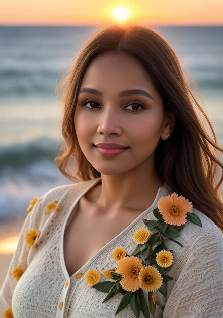 Foto bella donna in abito di colore chiaro sulla spiaggia con il tramonto ai generativa