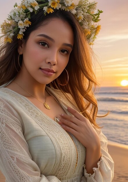 Foto bella donna in abito di colore chiaro sulla spiaggia con il tramonto ai generativa