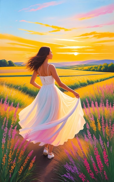 Beautiful woman in light summer dress walks through summer flowering meadowVibrant colorDigital creative designer art painted drawingAI illustration