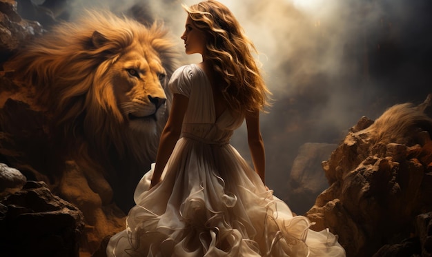 Beautiful woman and lion