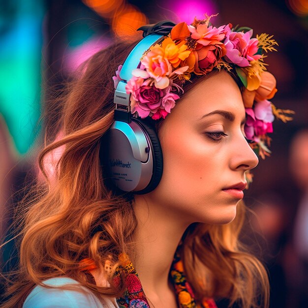 Beautiful woman listening to music with headphones at summer music festival on the beach