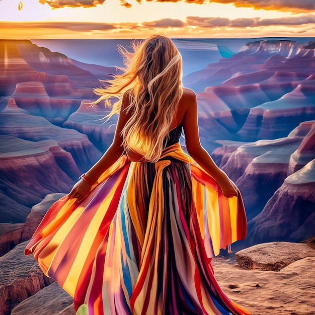 Beautiful woman in a long dress at sunset in a beautiful canyon