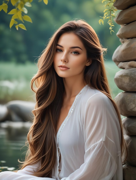 Photo beautiful woman long hair portrait blurred background