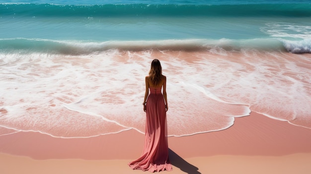 Beautiful woman in a long pink dress standing on the beach and looking at the sea