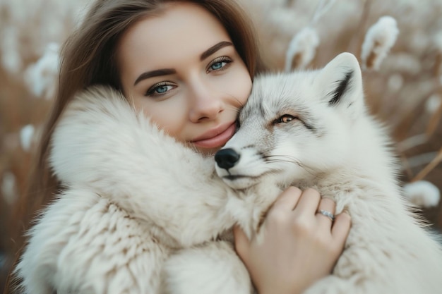 Beautiful woman looking at the camera with blue eyes and a white fox share a close embrace amidst a blurred natural backdrop evoking intimacy love for wildlife animal protection