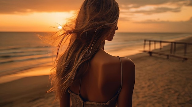 a beautiful woman looking from the back towards the beach at sunset