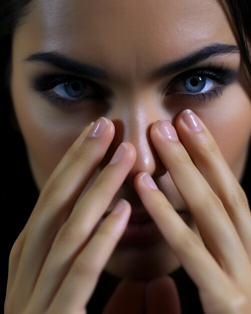 Beautiful woman looking at her healthy manicure